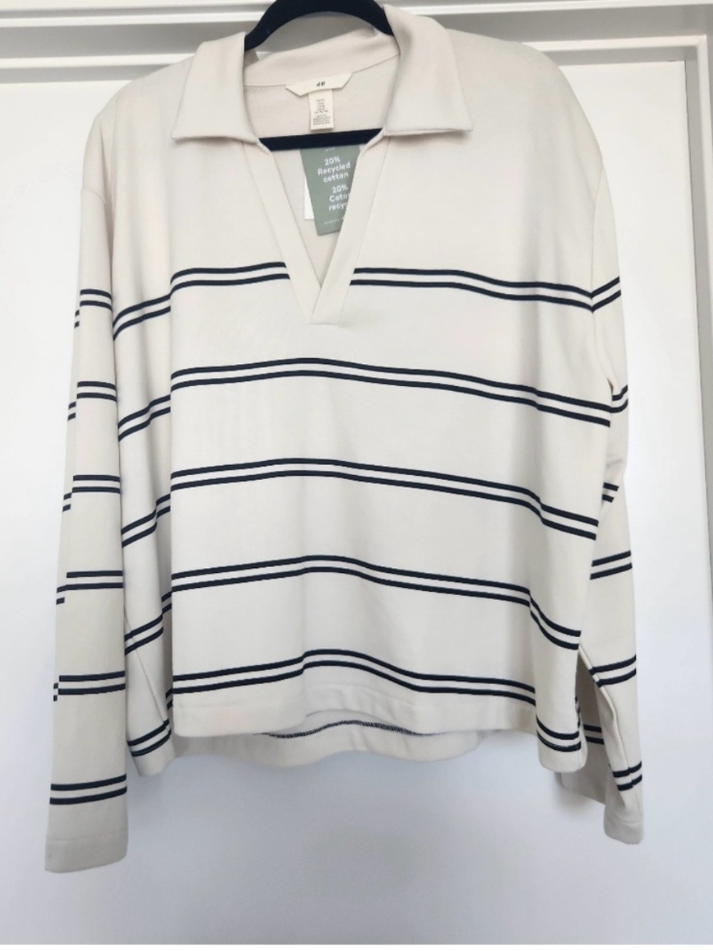 H&M Cream and Black Striped V-Neck oversized collared sweatshirt